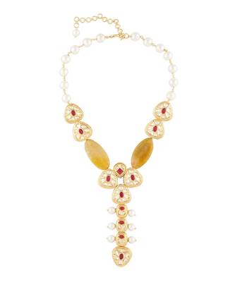 Multi Color Shell Pearl Necklace  with Yellow Agate Stones and Hydro Polkis 2