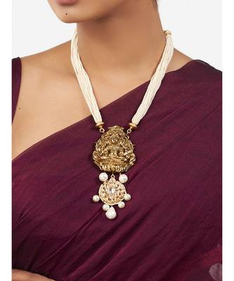 Gold Goddess Laxmi Pendant Necklace with Shell Pearl Strings and Pearl Drops 1