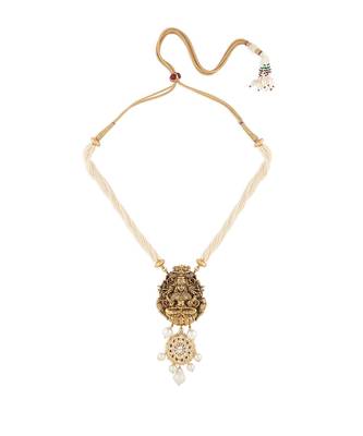 Gold Goddess Laxmi Pendant Necklace with Shell Pearl Strings and Pearl Drops 2