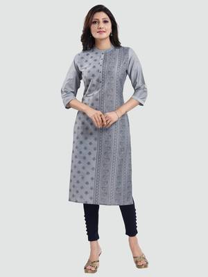 Grey printed cotton silk long-kurtis 1