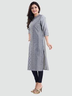 Grey printed cotton silk long-kurtis 2