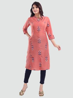 Peach printed cotton long-kurtis 1