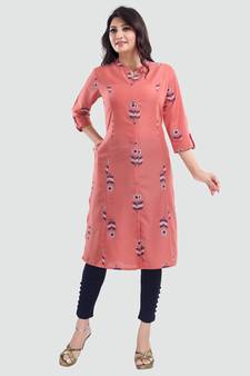 Peach printed cotton long-kurtis