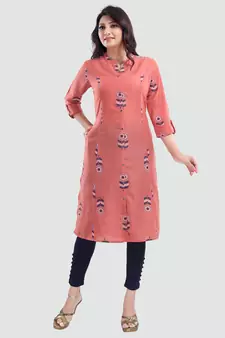 Peach printed cotton long-kurtis