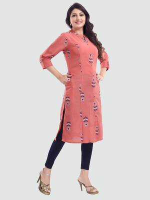 Peach printed cotton long-kurtis 2