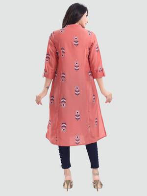 Peach printed cotton long-kurtis 3