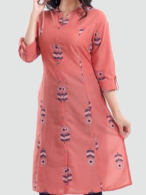 Peach printed cotton long-kurtis 4