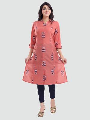 Peach printed cotton long-kurtis 5