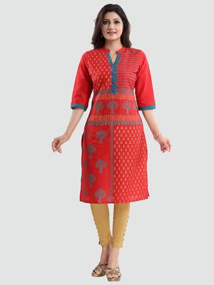 Red printed cotton silk long-kurtis 1