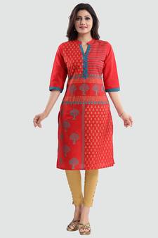 Red printed cotton silk long-kurtis