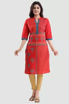 Red printed cotton silk long-kurtis