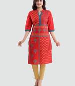Red printed cotton silk long-kurtis