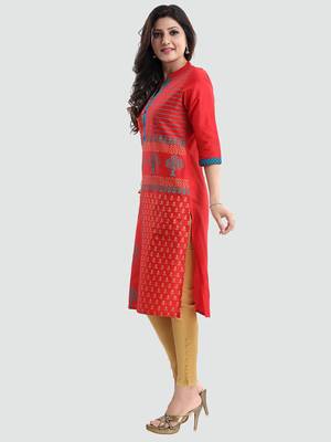 Red printed cotton silk long-kurtis 2
