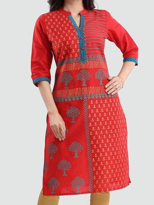 Red printed cotton silk long-kurtis 4