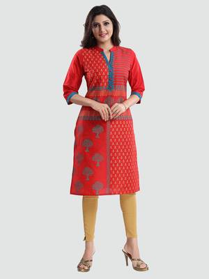 Red printed cotton silk long-kurtis 5