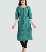 Green printed cotton silk long-kurtis
