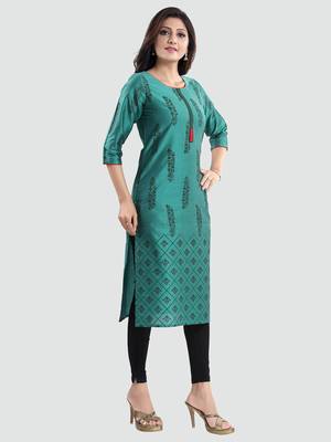 Green printed cotton silk long-kurtis 2