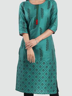 Green printed cotton silk long-kurtis 4