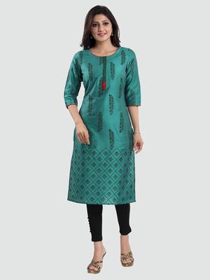 Green printed cotton silk long-kurtis 5