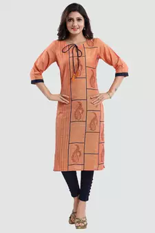 Mustard printed cotton silk long-kurtis