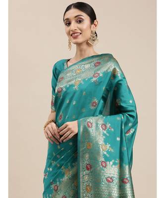 teal banarasi saree with blouse piece 2