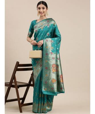 teal banarasi saree with blouse piece 1