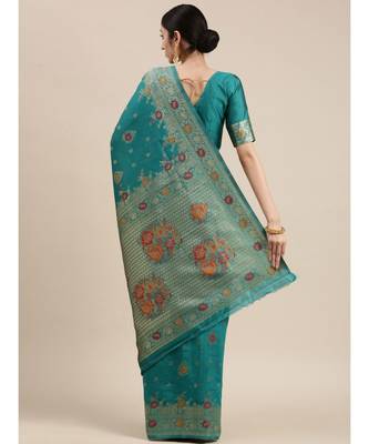 teal banarasi saree with blouse piece 3