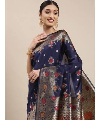 navy blue banarasi saree with blouse piece 2