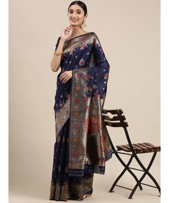 navy blue banarasi saree with blouse piece 1