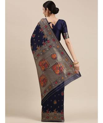 navy blue banarasi saree with blouse piece 3