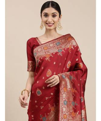 maroon banarasi saree with blouse piece 2