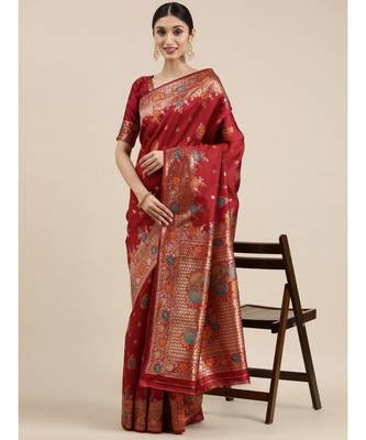 maroon banarasi saree with blouse piece 1