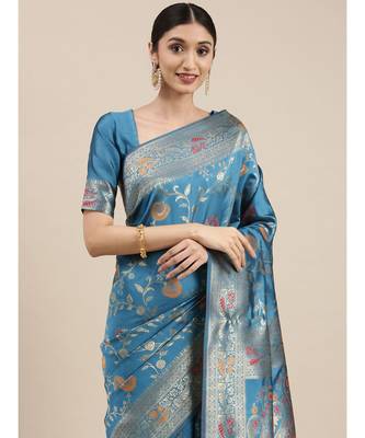 aqua blue banarasi saree with blouse piece 2