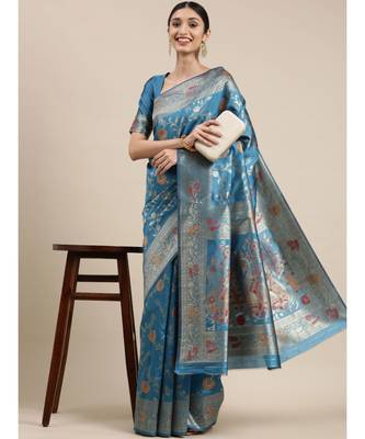 aqua blue banarasi saree with blouse piece 1