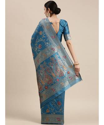 aqua blue banarasi saree with blouse piece 3