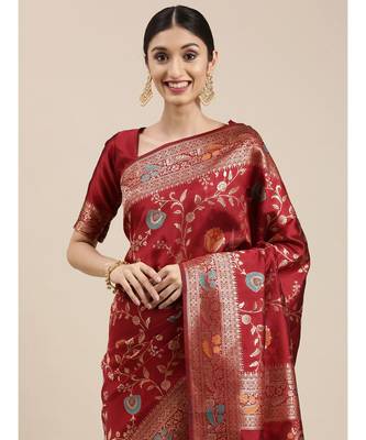 maroon banarasi saree with blouse piece 2