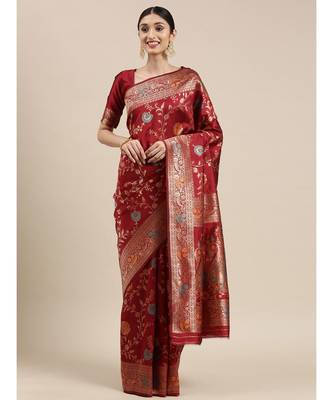 maroon banarasi saree with blouse piece 1