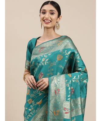 teal banarasi saree with blouse piece 1