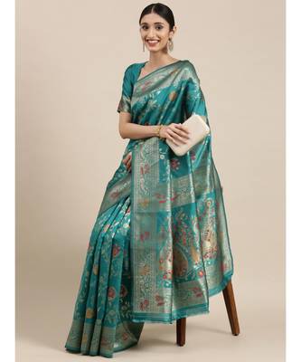 teal banarasi saree with blouse piece 2
