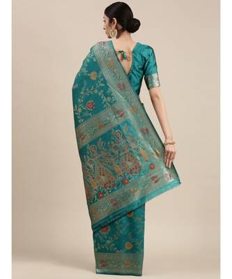 teal banarasi saree with blouse piece 3