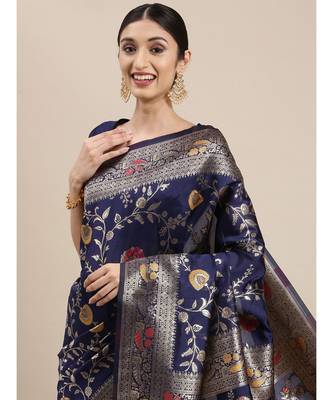 navy blue banarasi saree with blouse piece 2