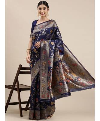 navy blue banarasi saree with blouse piece 1