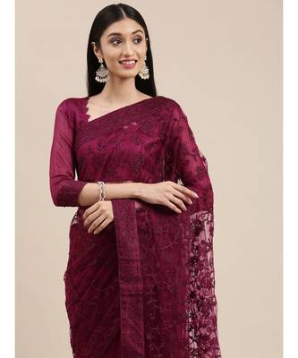 wine soft net  saree with blouse piece 1