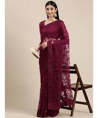 wine soft net  saree with blouse piece 2