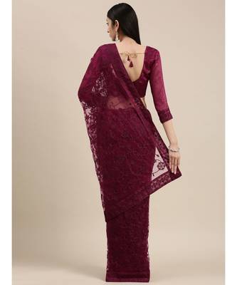wine soft net  saree with blouse piece 3