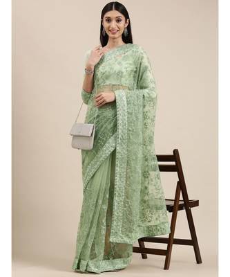 green soft net  saree with blouse piece 2