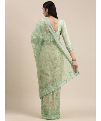 green soft net  saree with blouse piece 3