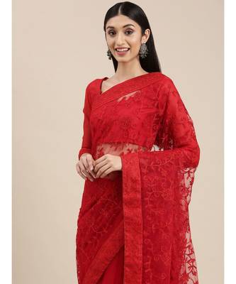 red soft net  saree with blouse piece 1