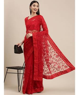 red soft net  saree with blouse piece 2