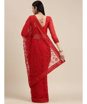 red soft net  saree with blouse piece 3